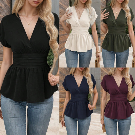 Summer Solid Color And V-neck Waist Pleated Waist Tight Shirt Top