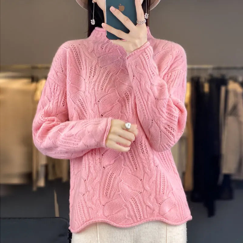 Autumn And Winter New Half High Collar Pullover Solid Color Hollow Sweater Nipaaj