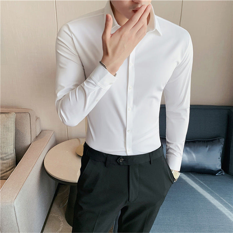 Business Casual Korean-style Slim-fit High-elastic Knitted Men's Long-sleeved Shirt