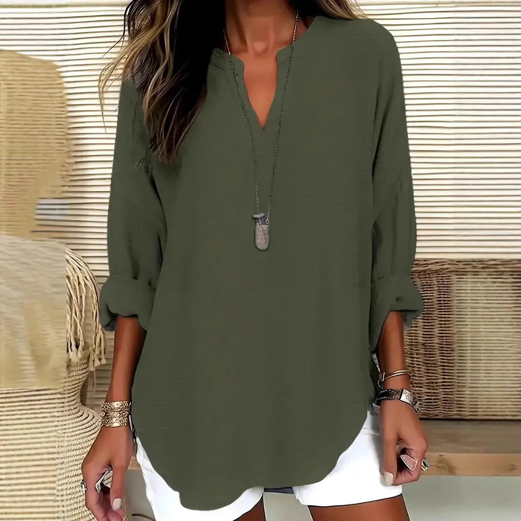 Women's V-neck Drop-shoulder Long-sleeve T-shirt Nipaaj