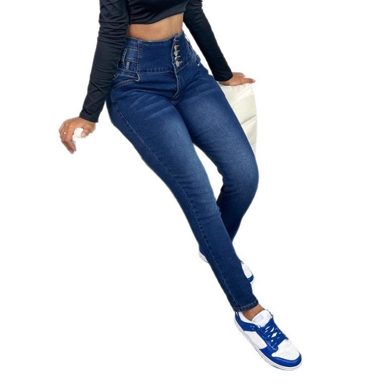 Women's Breasted Straight-leg Trousers Dark Blue Jeans