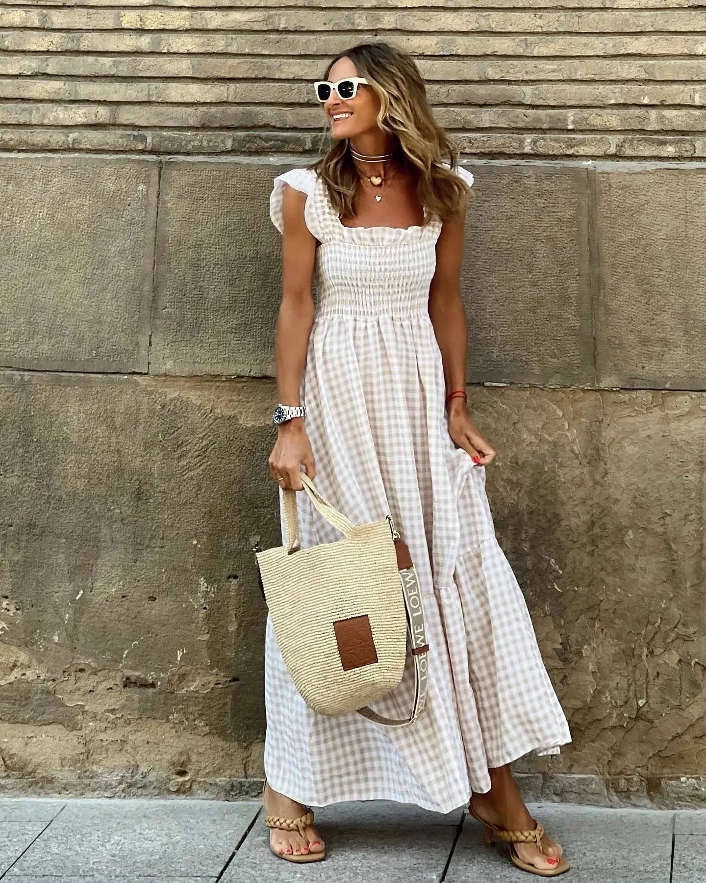 Summer Plaid Print Pleated Ruffle Dress INS Fashion Sleeveless A-line Swing Beach Dress Women's Clothing null