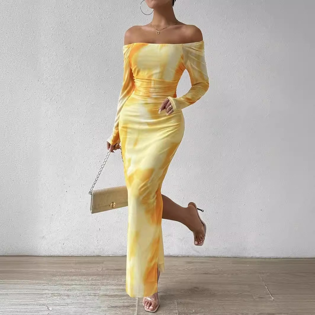 Printed Pleated Sexy Tight Split Square Collar Dress