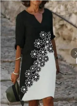 Printed Loose Floral Retro Round Neck Dress null