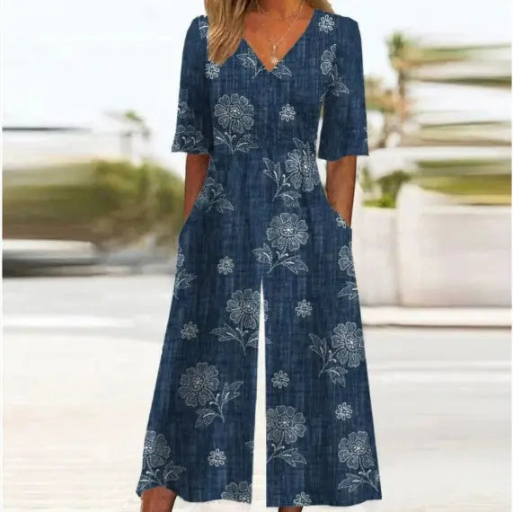 Spring And Summer Print Women's Pocket Collar Jumpsuit Nipaaj