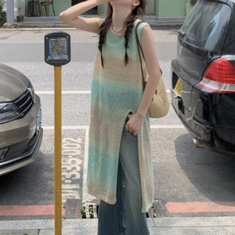 Gradient Mid-length Sleeveless Split Vest Slim Fit Vest Dress
