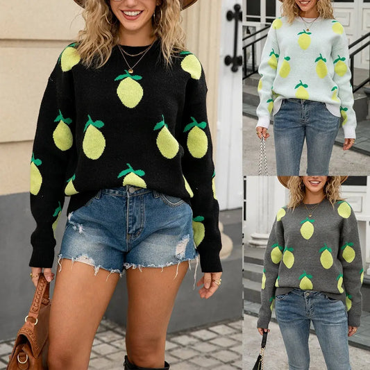 Women's Loose Personalized Lemon Sweater Round Neck Top Nipaaj