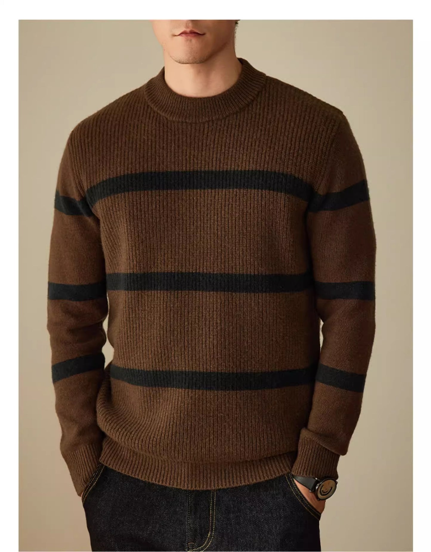 Pure Wool Men's Casual Striped Contrast Color Warm Sweater