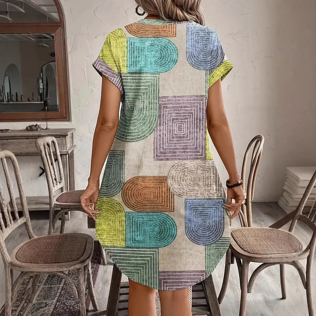 Printed Woven Elegant V-neck Button Dress null