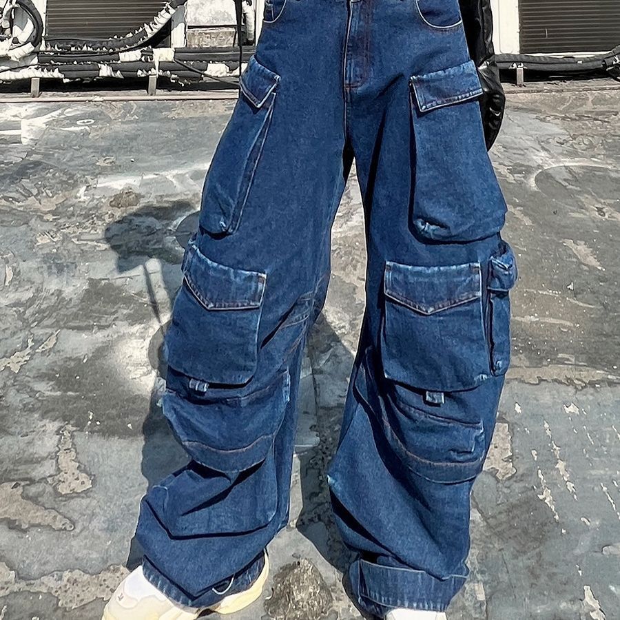 Distressed Wide-leg Workwear High Waist Multi-pocket Jeans