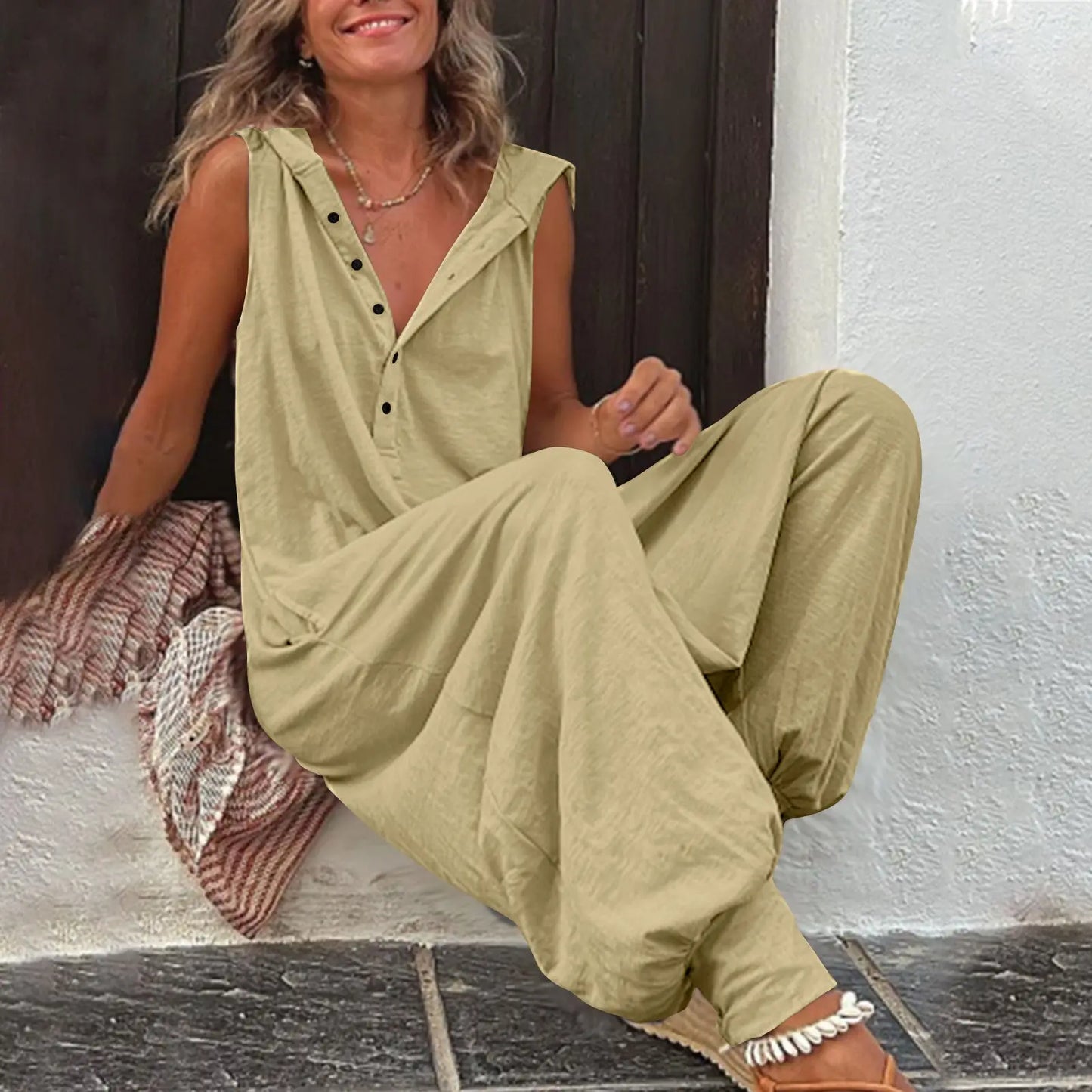 Hot Selling Button Up Hooded Sleeveless Pants In Stock, Jumpsuit With Pockets null