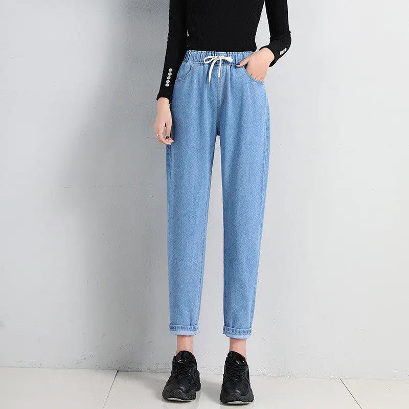 Korean Style Women's Straight Casual Elastic Waist Tied High Waist Student Jeans Nipaaj