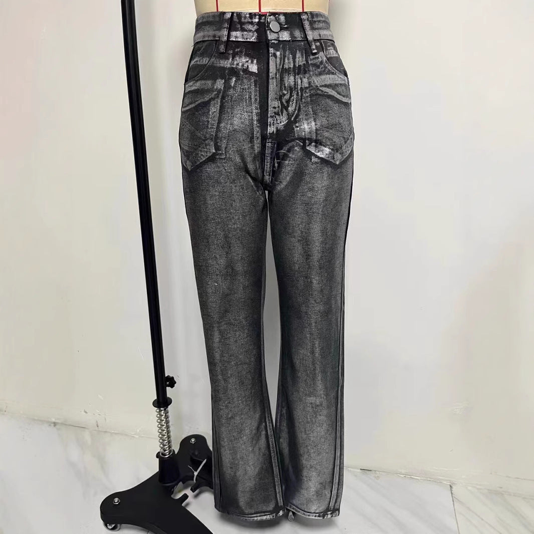 Washed Personality Blue Hot Silver Black Hot Silver High Waist Straight Style Jeans