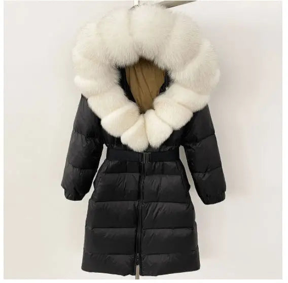 Women's Long Cinched Hoodie Real Fox Fur Collar Coat null