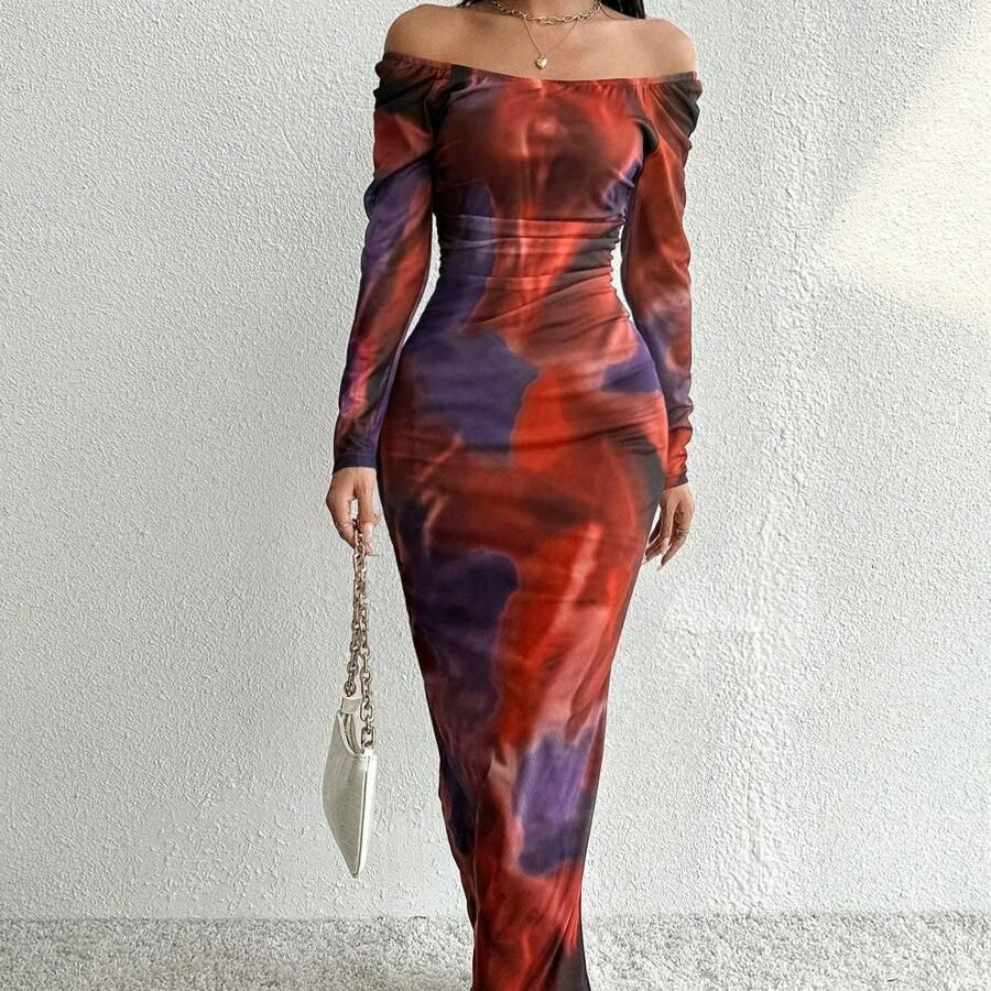 Printed Pleated Sexy Tight Split Square Collar Dress