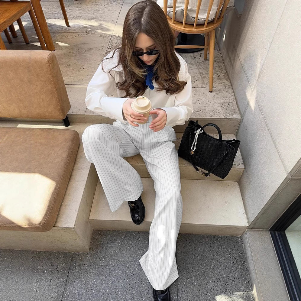 Commuting Loose Casual White Striped Wide-leg Pants