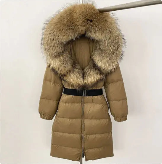 Women's Long Cinched Hoodie Real Fox Fur Collar Coat null