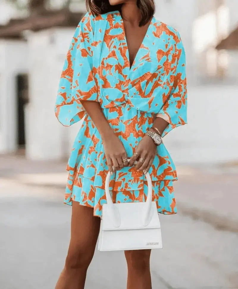 Fashion Print V-Neck Doll Sleeve Loose Cake Dress null