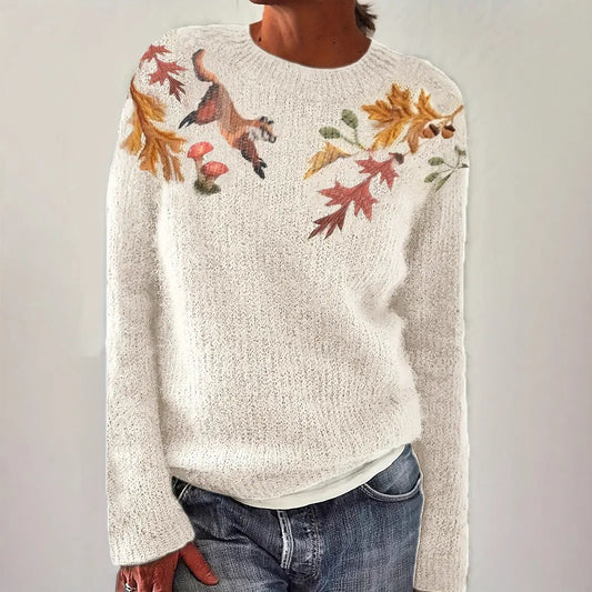Round Neck Long Sleeve Casual Floral Print Leisure Vacation Sweater Nipaaj