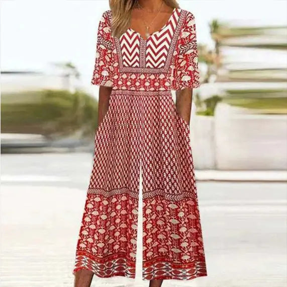 Spring And Summer Print Women's Pocket Collar Jumpsuit Nipaaj
