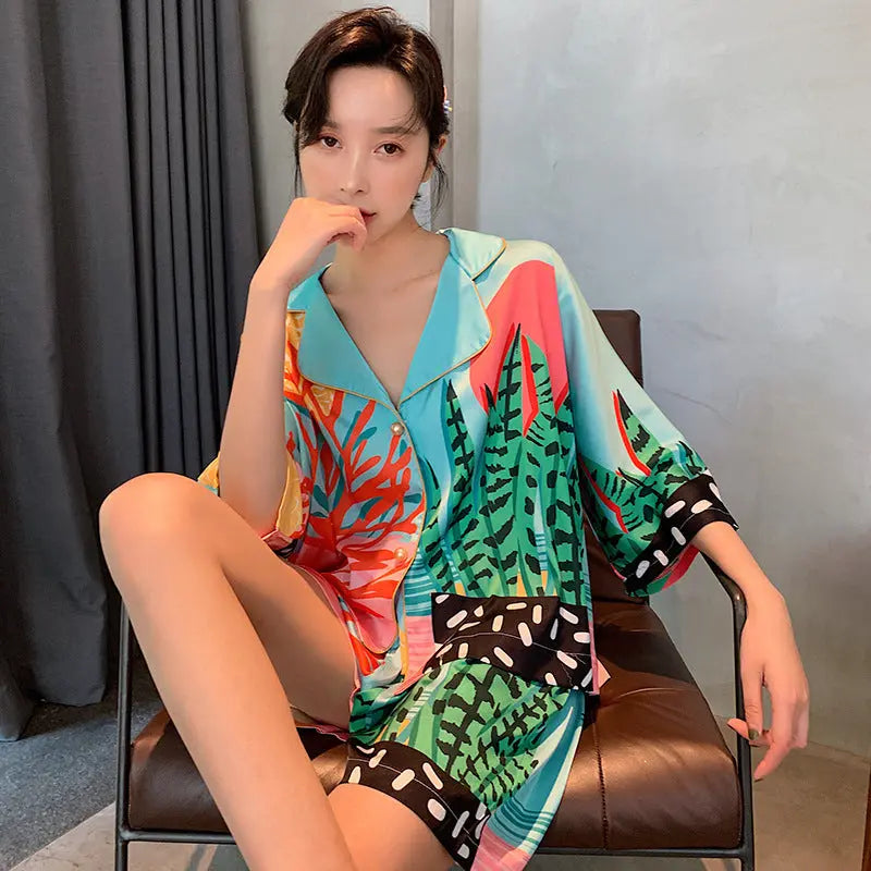 New Nightwear Women's Plant Print Pearl Button Silk Thin Style Nipaaj