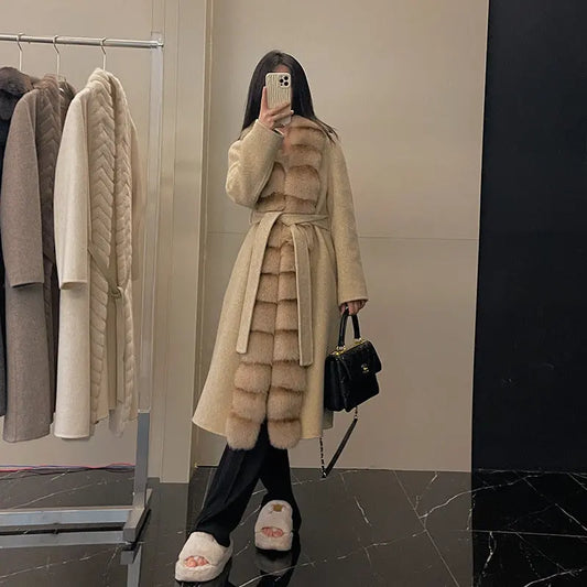 Alpaca Fleecefiber Coat Detachable Fox Fur Collar null