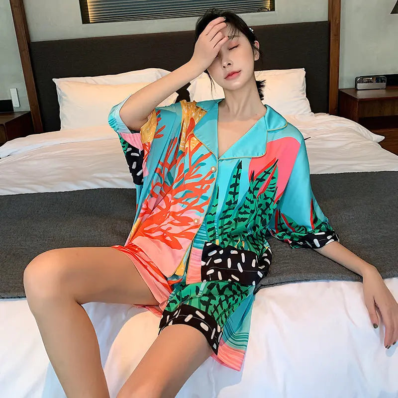 New Nightwear Women's Plant Print Pearl Button Silk Thin Style Nipaaj