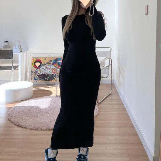 Women's Pure Color Minimal Versatile Tight Long Sleeve Narrow Dress