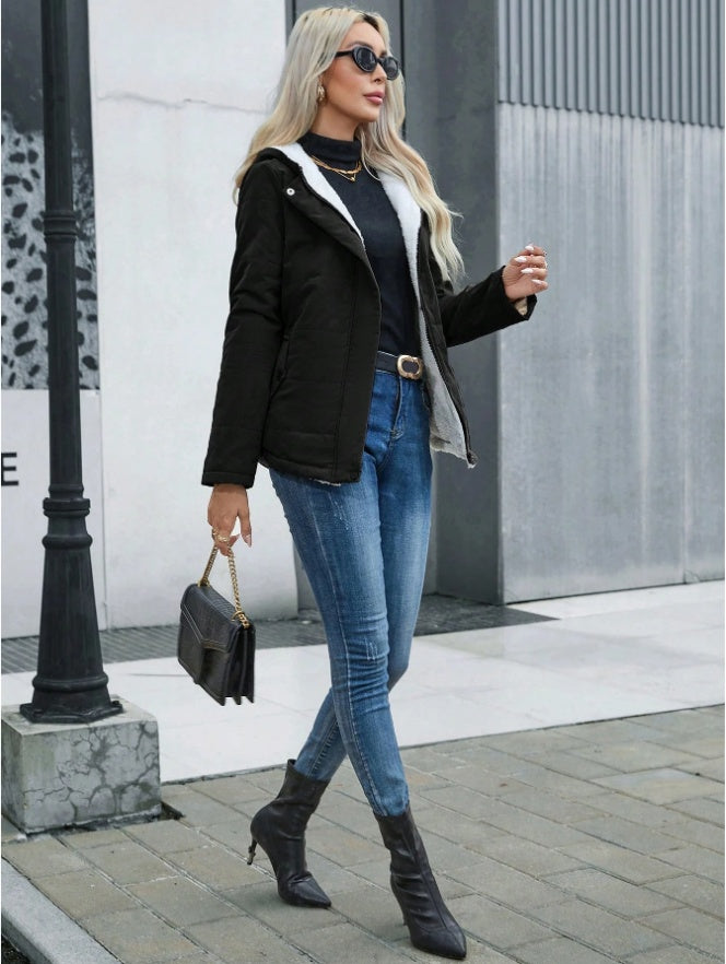 Women's Plain Zipper Front Hooded Fleece Casual Padded Padded Coat null