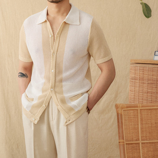 Hollow Cotton And Linen Lapel Short-sleeved Cardigan Knitted Top