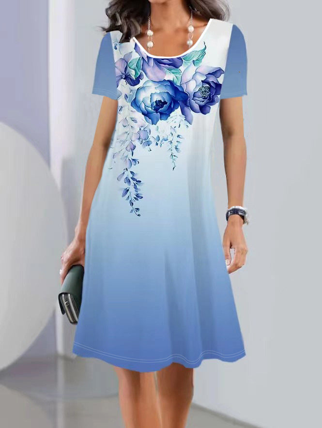 Spring And Summer Print Short Sleeve Round Neck Mid-length Dress