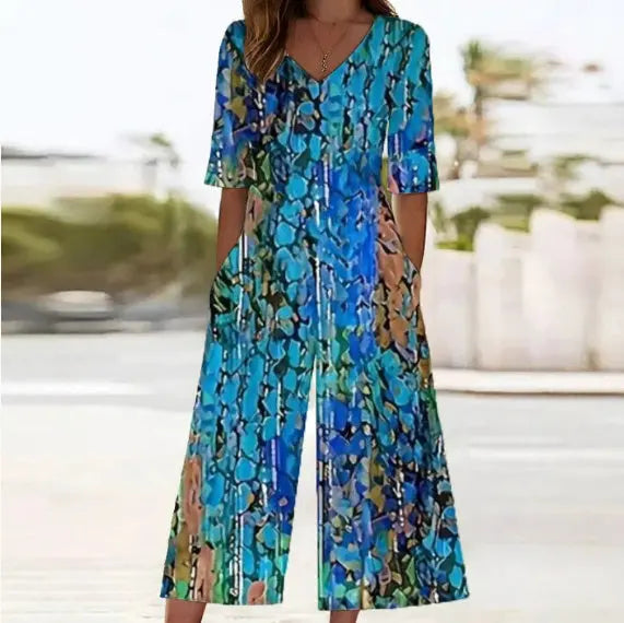 Spring And Summer Print Women's Pocket Collar Jumpsuit Nipaaj