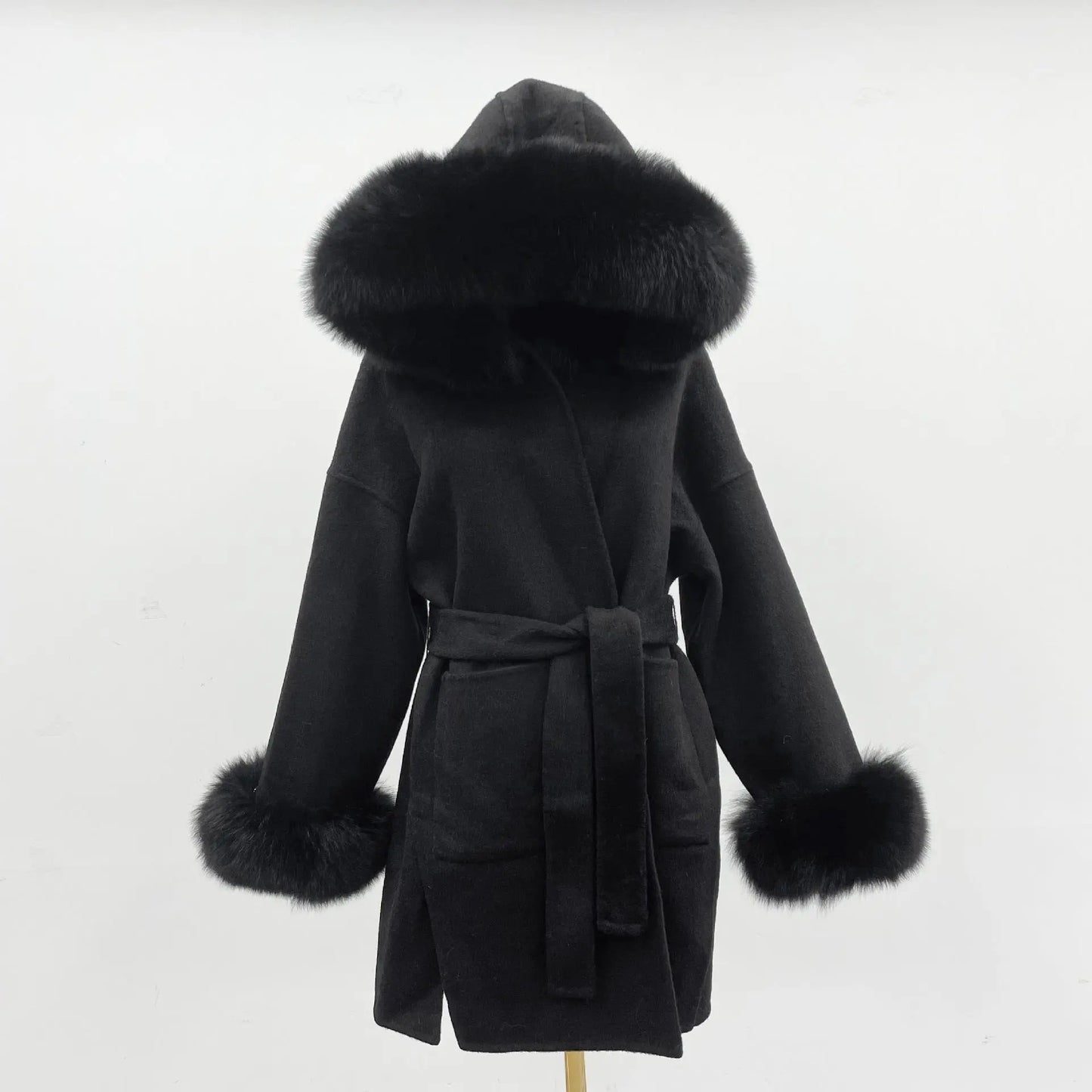 Oversized Fur Collar Hood Double-sided Woolen Coat null