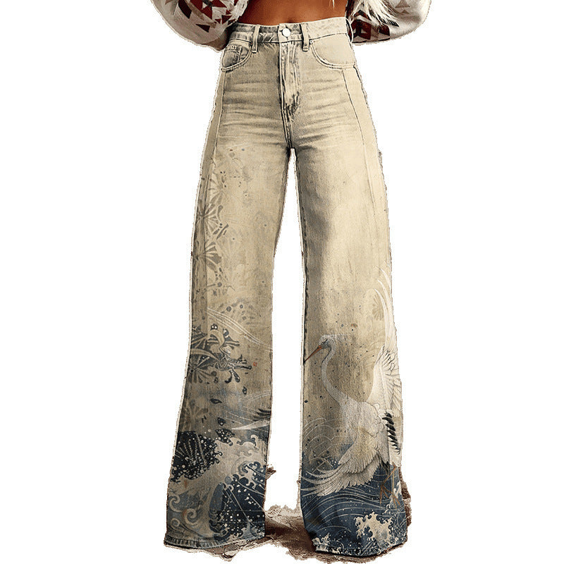 Thermal Transfer Bell-bottom Pants Simulation Denim Trousers Loose Pants