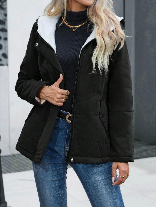 Women's Plain Zipper Front Hooded Fleece Casual Padded Padded Coat null