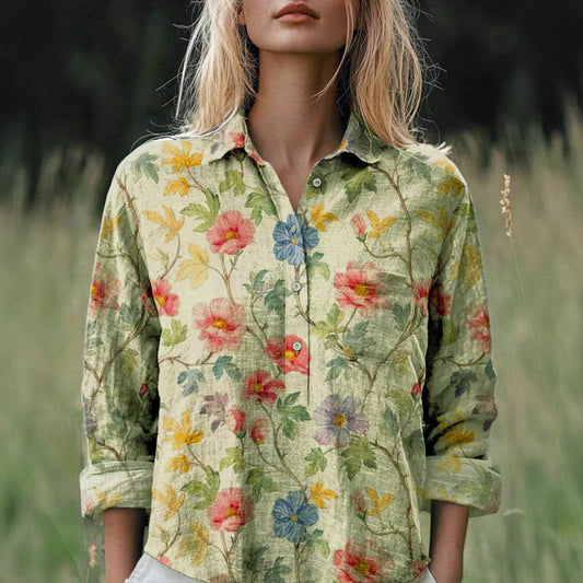New Casual Printed Floral Button Polo Collar Top Shirt For Women