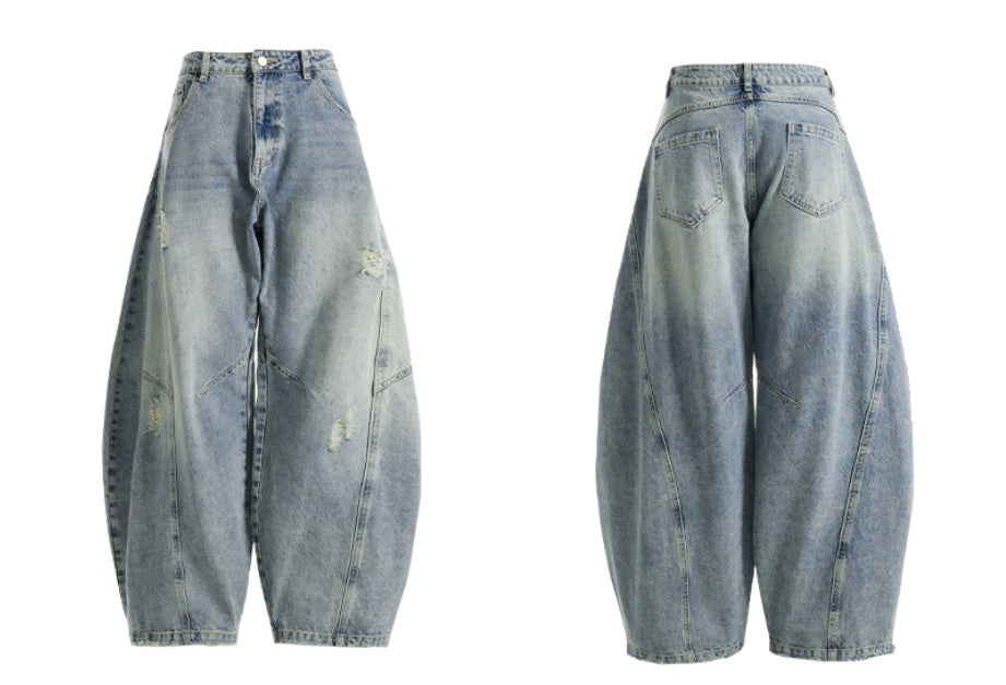 Distressed American Street Retro Deconstructed Machete Wide Leg Jeans