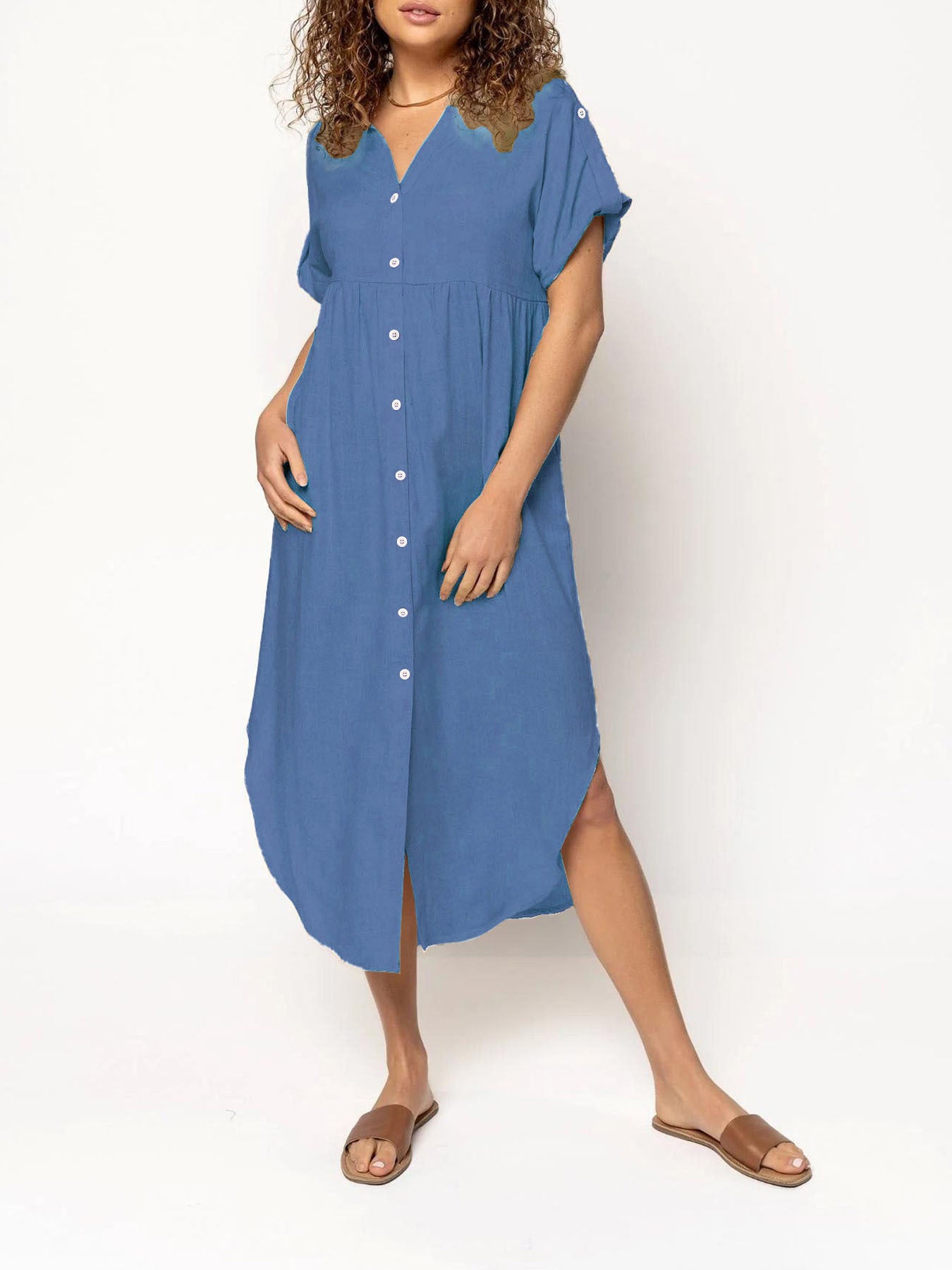 Loose Temperament Casual Solid Color Buttons Mid-length Dress