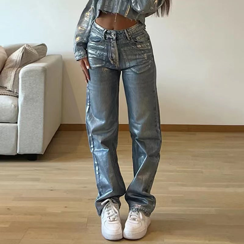 Washed Personality Blue Hot Silver Black Hot Silver High Waist Straight Style Jeans