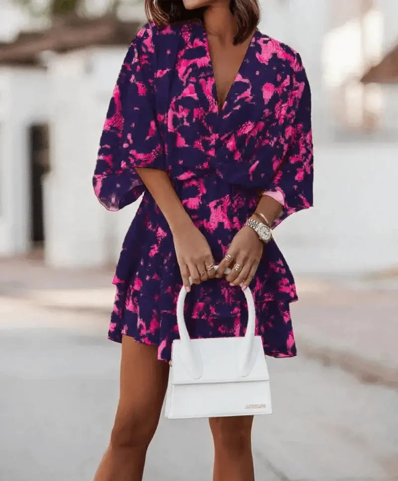 Fashion Print V-Neck Doll Sleeve Loose Cake Dress null