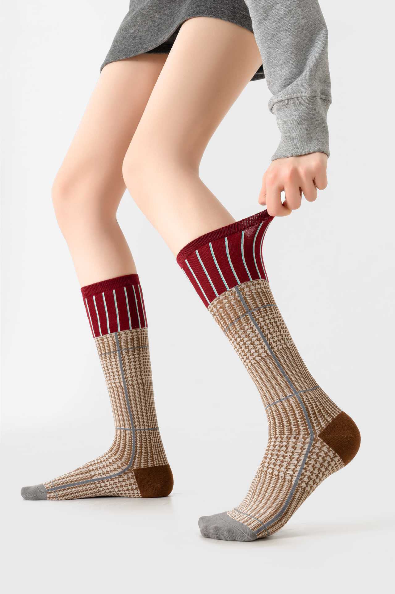 Retro And Personalized Women's Color Blocked Calf Socks