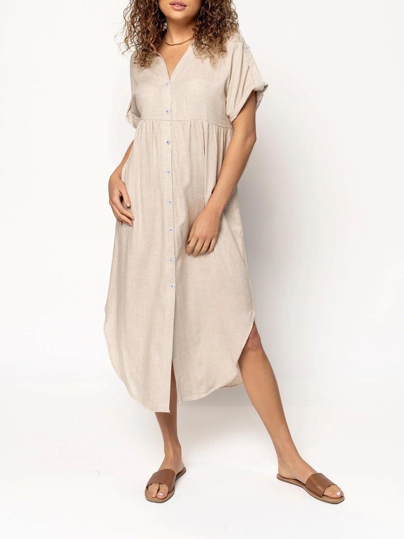 Loose Temperament Casual Solid Color Buttons Mid-length Dress