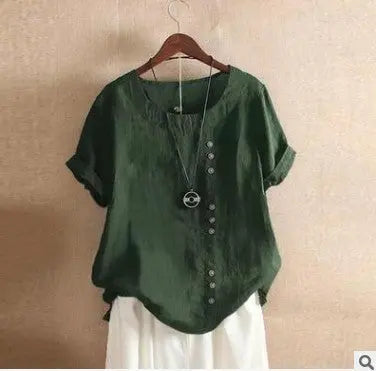Retro Plus Size Casual Loose Cotton And Linen Short-sleeved Pullover T-shirt Nipaaj