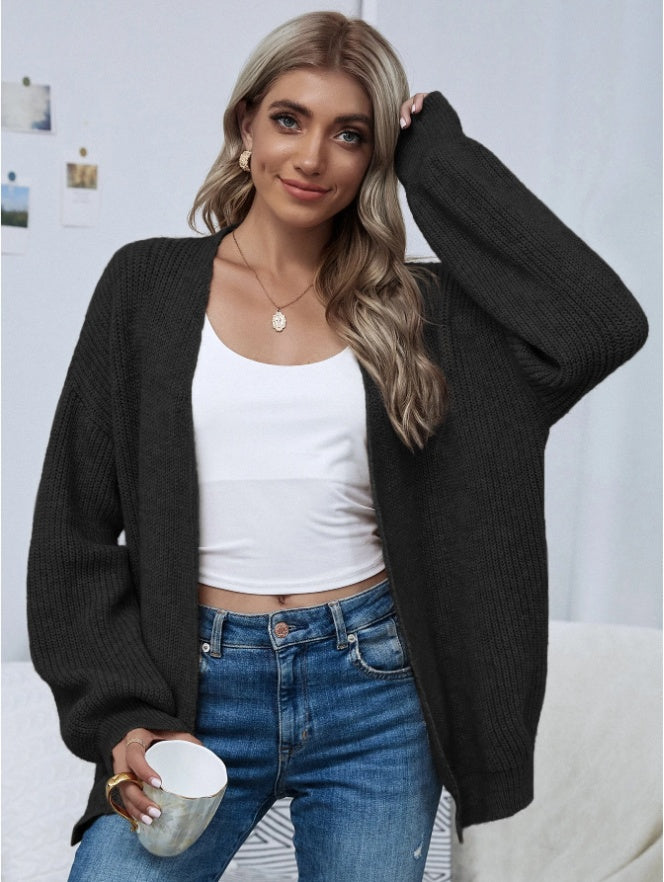 Open Front Drop Shoulder Solid Cardigan,Long Sleeve Tops null