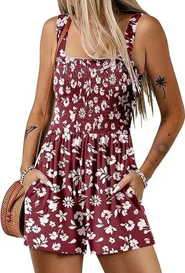 Flower Print Shorts Jumpsuit Summer Fashion Sleeveless Beach Bodysuit null