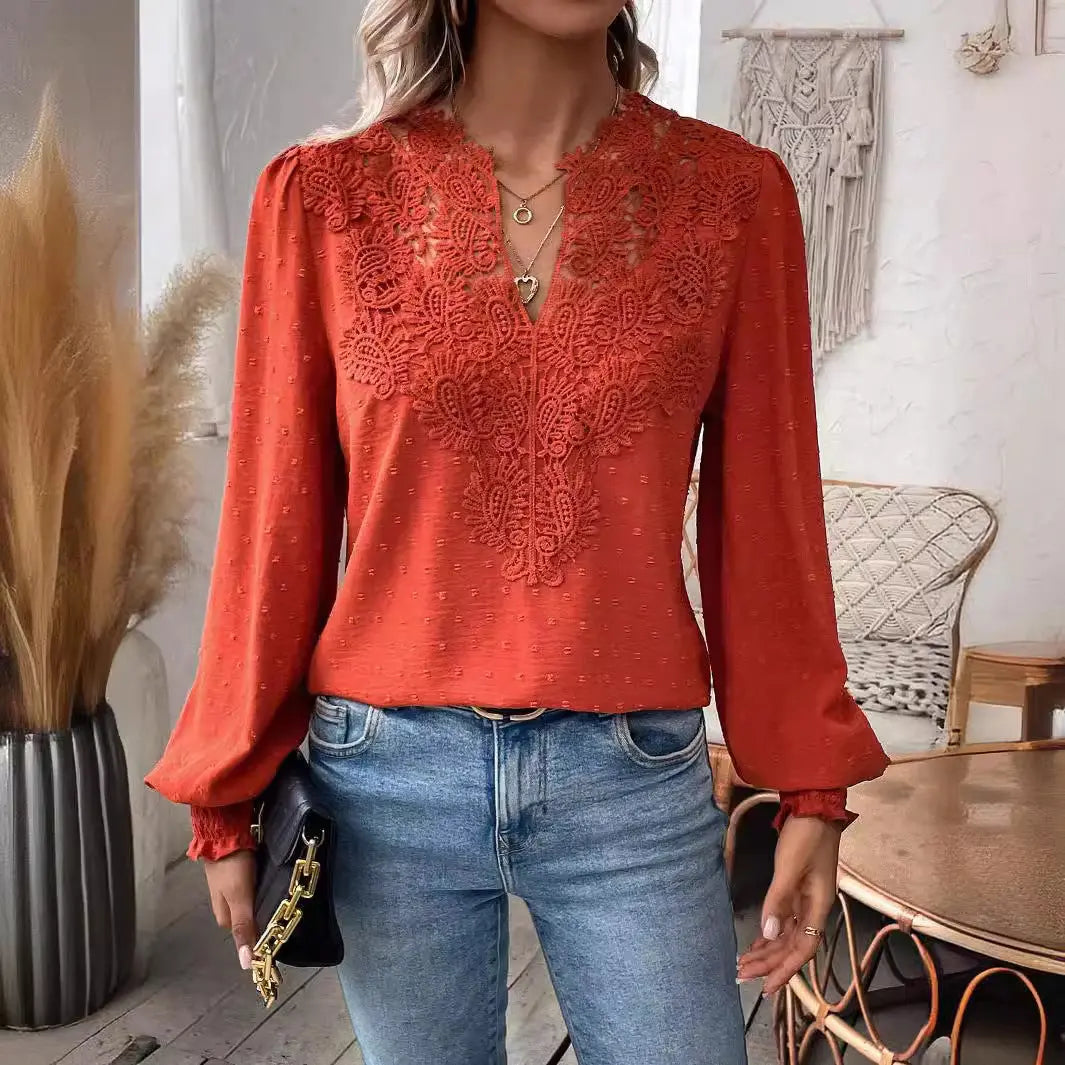 Lace Solid Color Long Sleeve Casual Women's Top Nipaaj