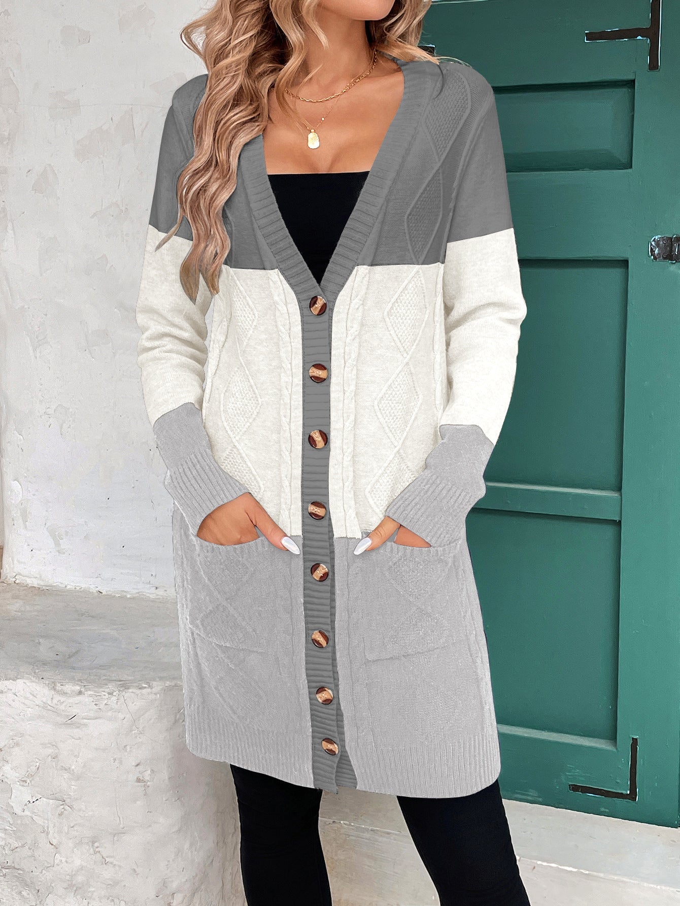 Thread Contrast Color Mid-length Simple Style V-neck Coat null