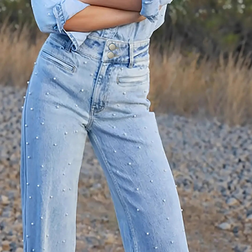 European And American High Waist Beaded Stretch Curling Jeans Wide Leg Nipaaj