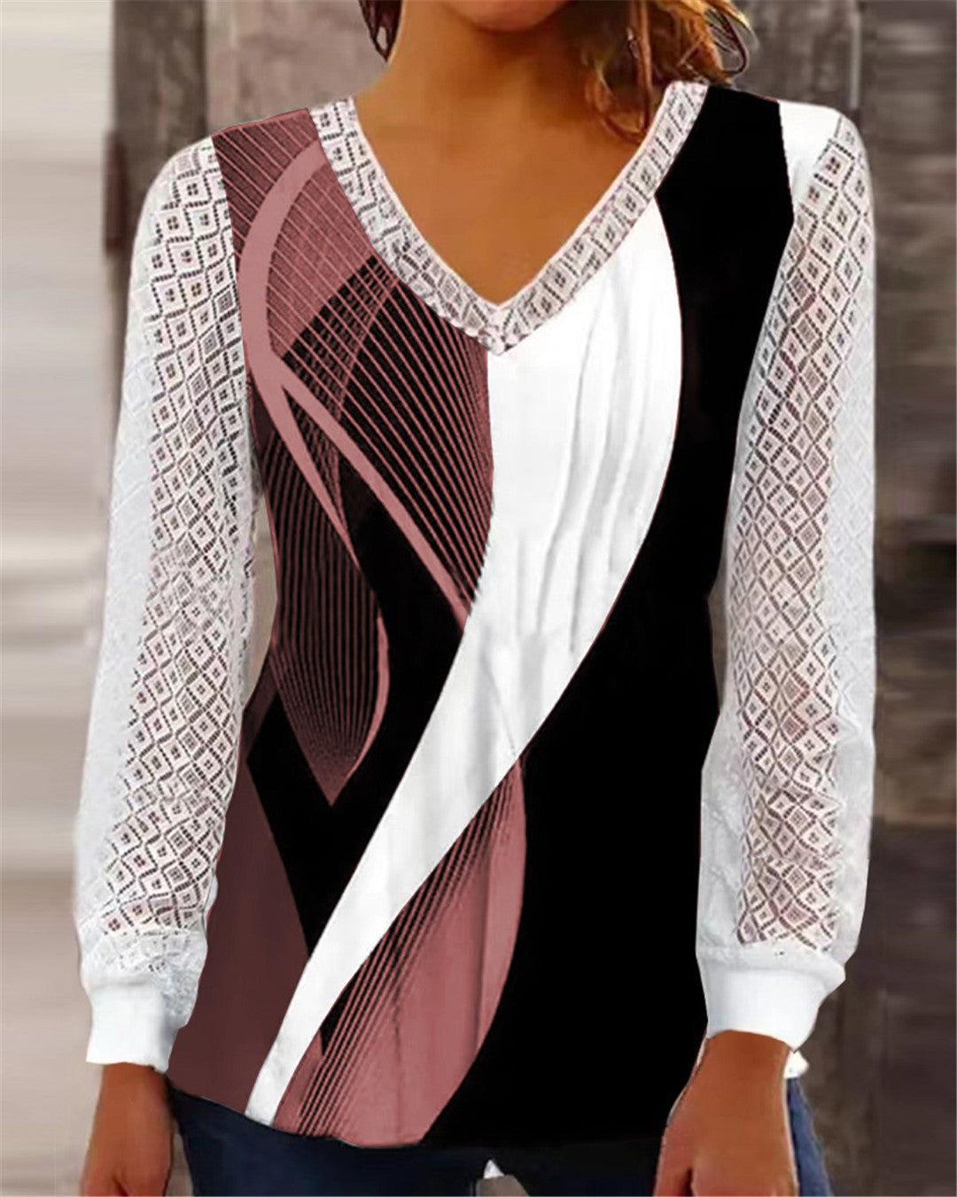 V-neck Loose Print Hollow-out Lace Tops