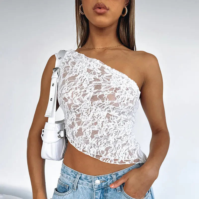 Ins Lace Backless Top Summer Solid Color Waistless Asymmetrical Sloped Neck Vest Streetwear Womens Clothes null